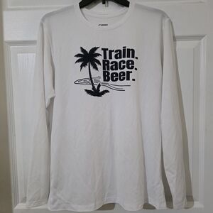 Men Medium Brooks Running "Train. Race. Beer." long-sleeve shirt. white